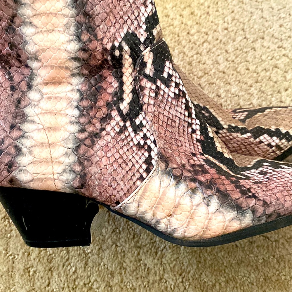 QUPID Pink Snakeskin Booties